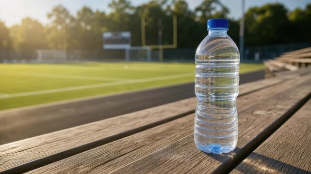 Clear plastic water bottle on wooden bleachers near outdoor sports field in sunlight