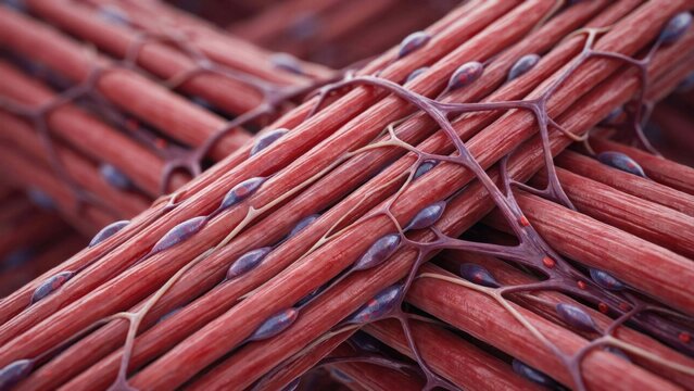 Muscle Tissue Close-Up, Detailed Illustration of Striated Fibers and Capillaries