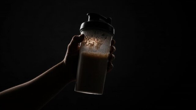 Hand holding protein shaker bottle with milkshake against dark background for fitness and nutrition