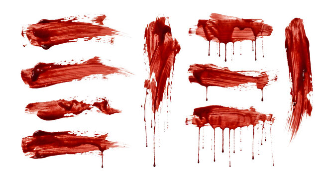 Red blood brush strokes and smears on transparent background