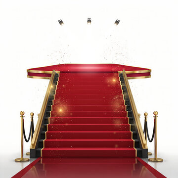 A grand red carpet staircase with golden stanchions and bright spotlights isolated on white background. Ideal for luxury event and celebrity award show concepts.