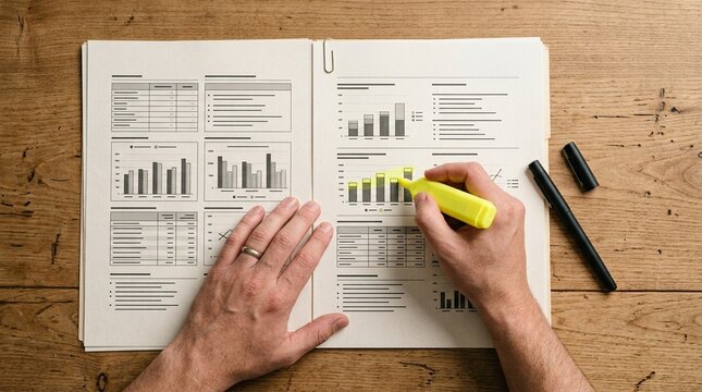 Combined hospital operations summary report, a highlighter, and a pen on a desk