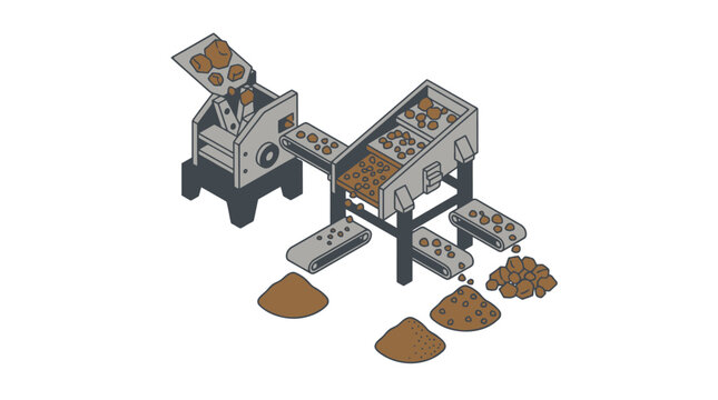 Industrial machinery processing raw materials on conveyor belt.