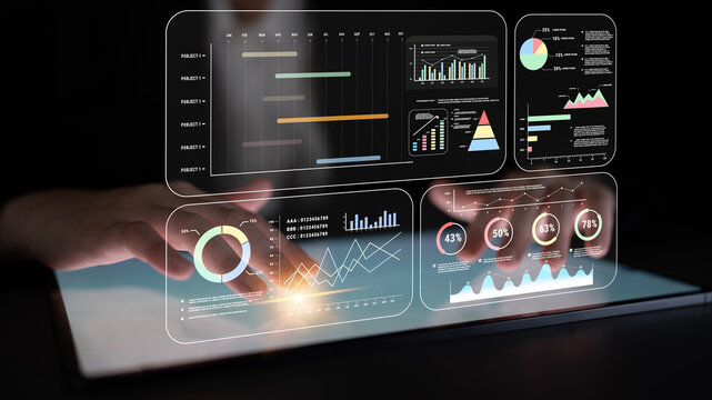 A project management dashboard with business performance analytics. A visualization of project timelines, KPIs, and company data for strategic review. Motif