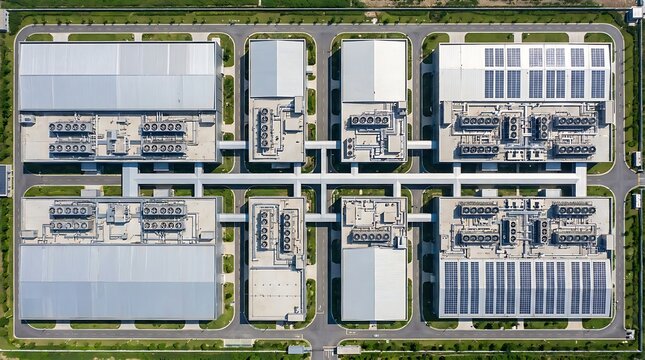 Aerial view of a modern industrial complex with multiple buildings and extensive rooftop solar panels, symbolizing sustainable energy and advanced technological infrastructure