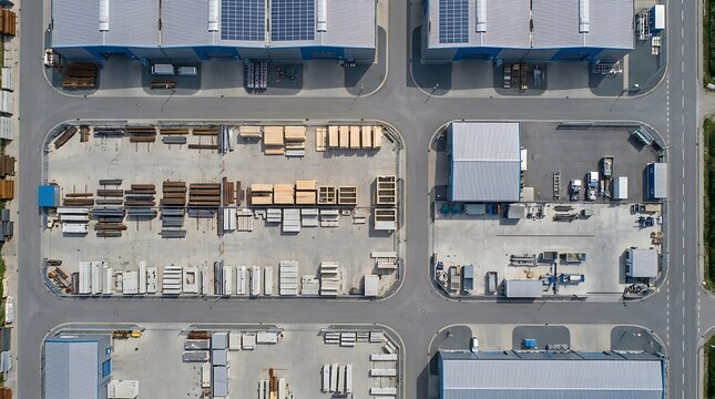 Aerial view of an industrial park featuring modern warehouses with solar panels and outdoor storage areas holding various building materials