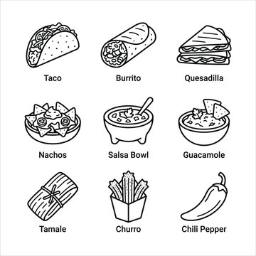 Mexican Food Tacos and Burrito Line Icon Set Vector Illustration
