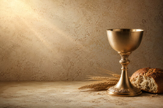 A communion chalice and bread sit on a textured stone surface. Copy space. Christian communion symbolizes faith, remembrance and sacred fellowship concept.