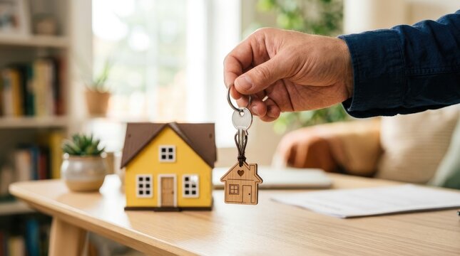 Human hand holding silver keys with decorative wooden house keychain featuring small yellow miniature model home on wooden table desk