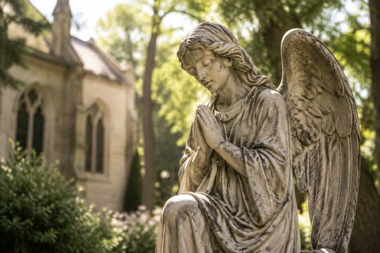 Weathered stone angel statue stands in a peaceful church garden, illuminated by soft morning sunlight with detailed textures. Remembrance, faith and quiet reflection concept