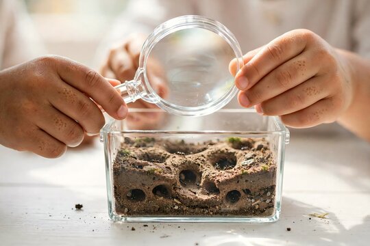 Close up view of hands holding a magnifying glass to observe ants inside a glass formicarium, educational science project for studying insects