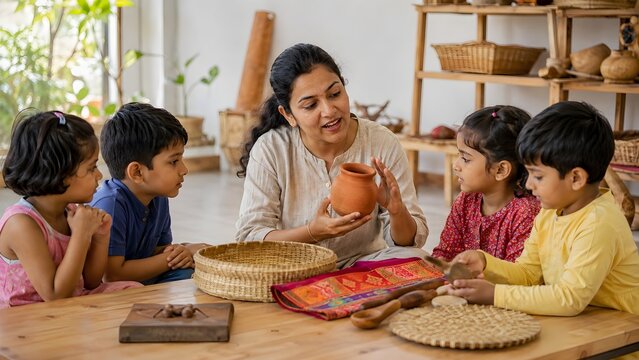 Indian Preschool Teacher Introducing Traditional Cultural Objects Through Supervised Classroom Learning Activity