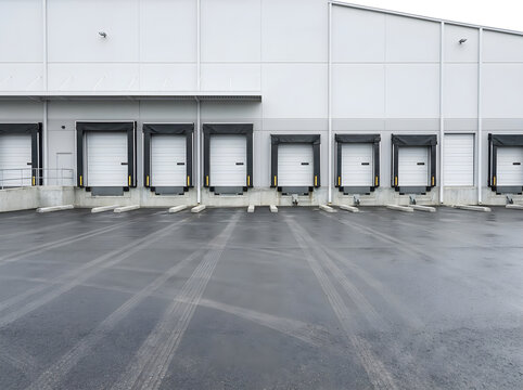 Modern industrial warehouse building exterior with multiple loading dock doors and asphalt parking lot loading docks shipping bay logistics center distribution hub freight termina