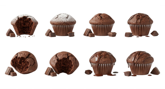 chocolate muffins displayed some with bites taken in a studio setting against a white background food advertisements