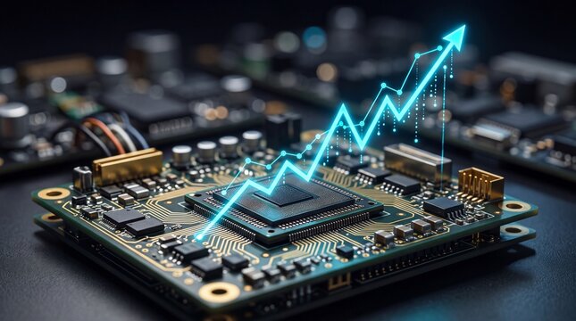 A close-up of a circuit board with a glowing upward trend graph, symbolizing advancements in technology.