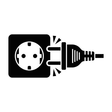 Electricity plug inserted into power outlet with sparks flying icon. Energy connection symbol