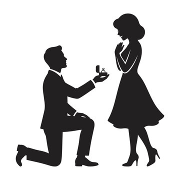 Silhouette of man proposing marriage to woman with ring box