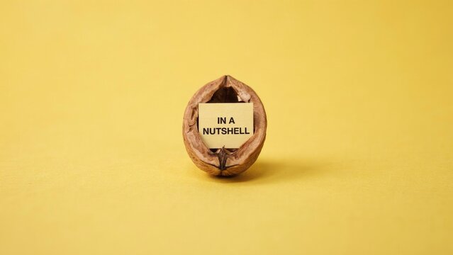 Open walnut shell displaying a small yellow paper note with the text in a nutshell centered on bright yellow background