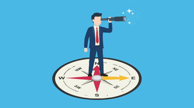 Businessman on compass looking through telescope for future vision