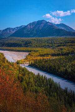 Alaska Summer Roadside Landscape at Matanuska Glacier and River, Chugach Mountain Range along Glenn Highway Scenic Byway