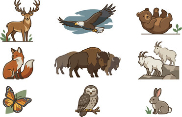 Obraz premium Flat design icon set of North American wildlife: deer, eagle, bear, fox, bison, goats, butterfly, owl, rabbit
