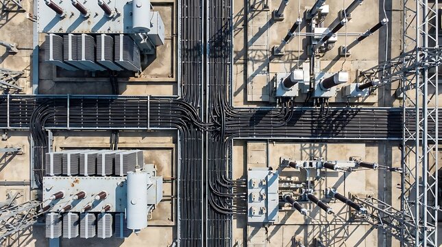 Aerial view of an electrical power substation with transformers and high-voltage lines, essential for energy distribution and the modern grid