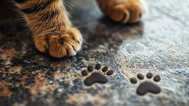 Cat paw leaving delicate paw prints across a wet surface.