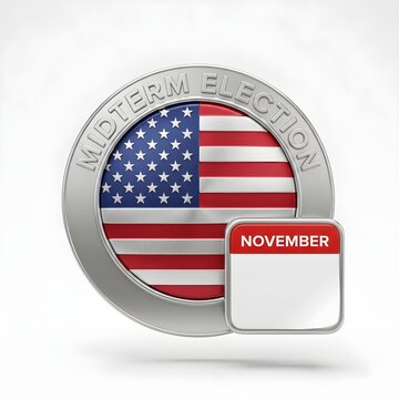 A circular emblem featuring the American flag and the words "Midterm Election" above a small calendar icon indicating November.