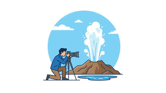 Flat design vector illustration of a photographer capturing a geyser eruption, isolated on white background