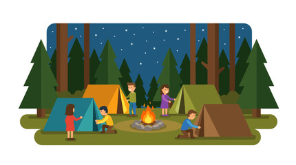 Fototapeta premium Flat design vector illustration of diverse campers setting up tents around a campfire in a forest at night under starry sky