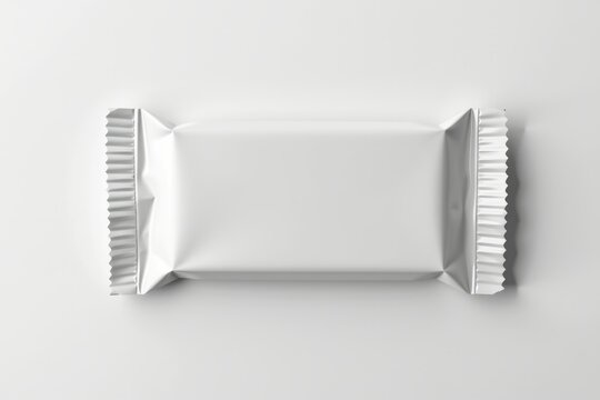 A blank white snack bar wrapper lies flat on a light surface, ready for branding or packaging design.
