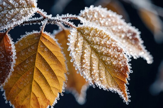 Yellow fall leaves covered in ice crystals. Close up macro shot of frost on plant branch. Winter nature detail, natural pattern, cold season.
