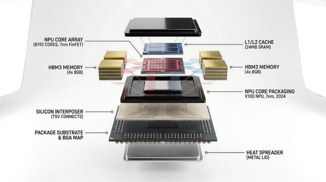 Exploded 3D view of a high-performance neural processing unit chip with detailed hardware layers