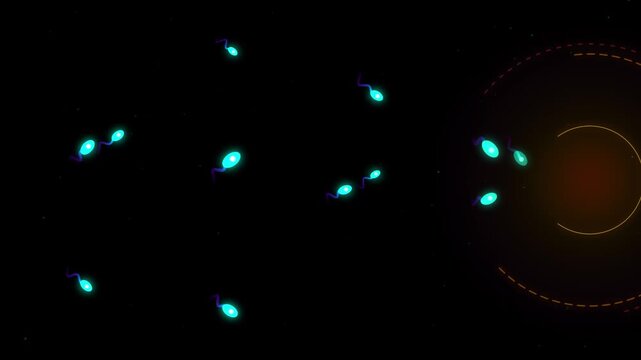 Abstract illustration of glowing sperm cells swimming towards a bright target in deep space, representing fertilization and biological reproduction