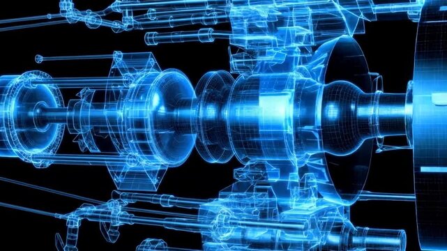 Futuristic blue digital illustration of an aircraft jet engine turbine with glowing details