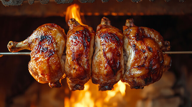 Four whole chickens roasting over an open flame with visible fire and smoke.