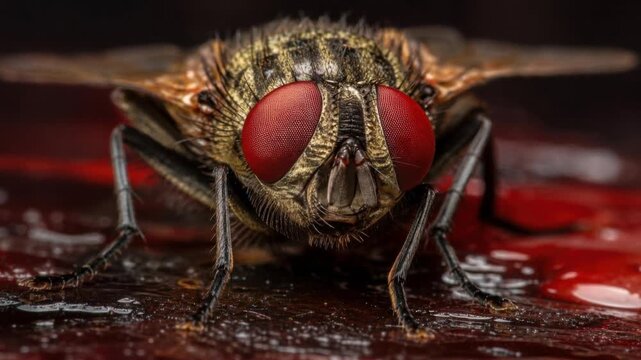 Close up macro photo of a common housefly with detailed red eyes on a dark surface with water droplets