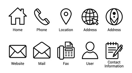 Fototapeta premium Set of black outline contact information icons representing various communication methods and web services