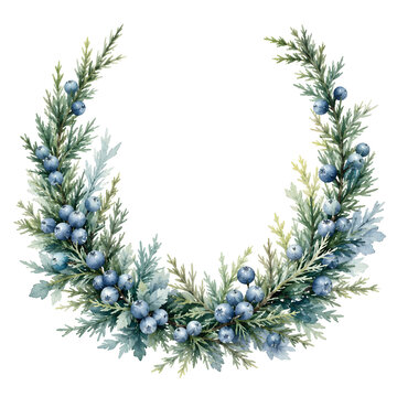A broken ring wreath of juniper sprigs and dusty blue berries, the circle deliberately