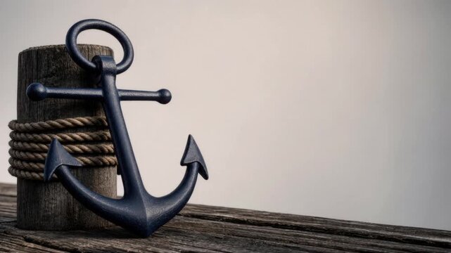 Rustic maritime anchor with coiled rope on weathered wooden dock by calm sea background