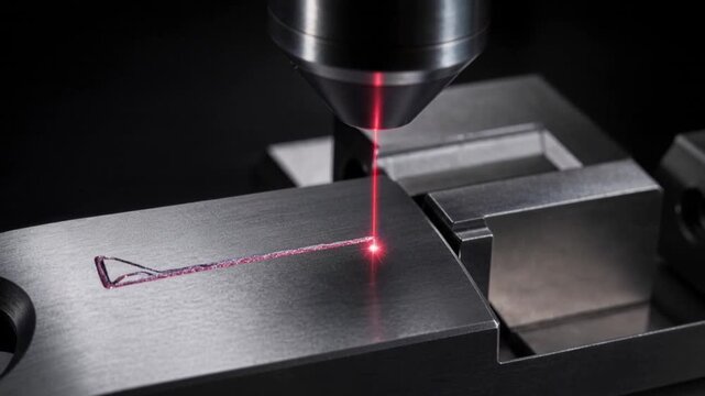 Close up of laser engraving metal surface with red light marking industrial manufacturing process
