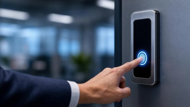 Businessman using biometric fingerprint scanner for secure access in modern office technology