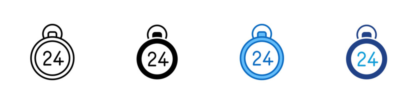 24 Hour Service Multiple Style Icon Design Vector - Clock with 24 and alarm bell representing round the clock service, all day availability, and continuous customer support operation