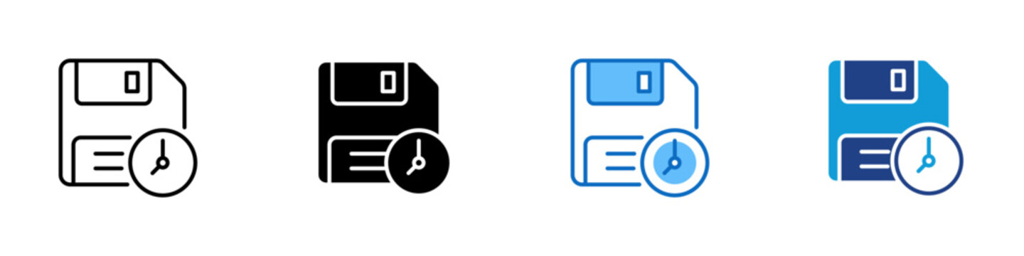 Auto Save Timestamp Multiple Style Icon Design Vector - Save disk with clock representing auto save timing, backup schedule timestamp, and file save history tracking for data management