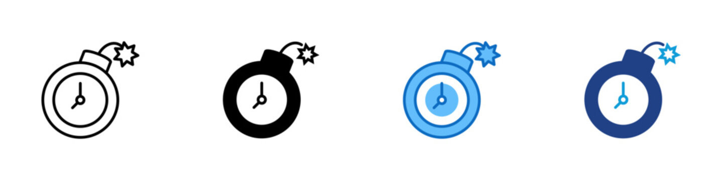 Deadline Time Pressure Multiple Style Icon Design Vector - Clock shaped like bomb with fuse representing deadline pressure, time bomb countdown, and urgent time critical task management