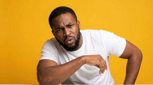 Confused Young Black Man Squinting and Looking Skeptically at Camera Against Yellow Background