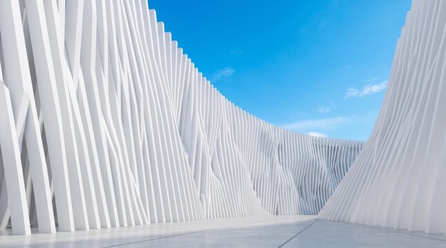 Futuristic white parametric architecture, modern abstract building facade with rhythmic vertical lines, minimalist exterior design under blue sky