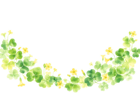 A downward-sagging arc of wood sorrel along the bottom of the frame, heart-shaped trefoil