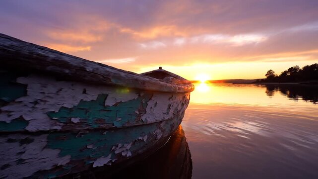 Old wooden rowboat on calm water at colorful sunset