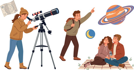 Astronomy and Stargazing Activity Set with People Using Telescope Looking at Star Map and Watching Planet and Moon in Night Sky © Borsha